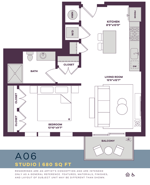 Floor plan for studio, 1 bath, 680 sqft